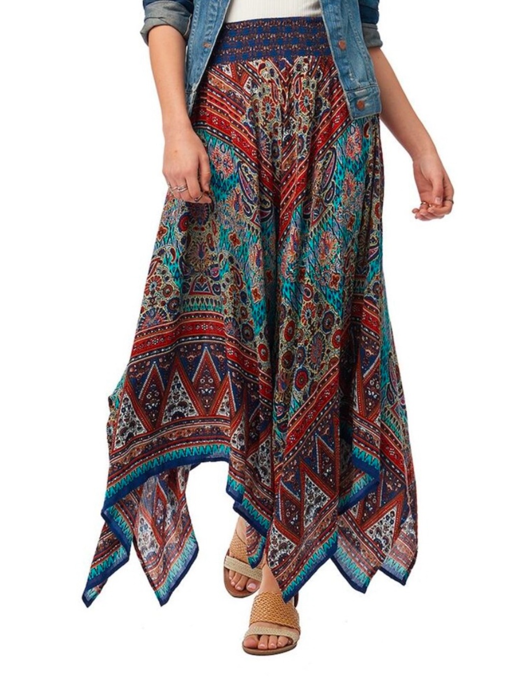 Bila Vida Multicolor Boho Asymmetrical Handkerchief Hem Maxi Skirt